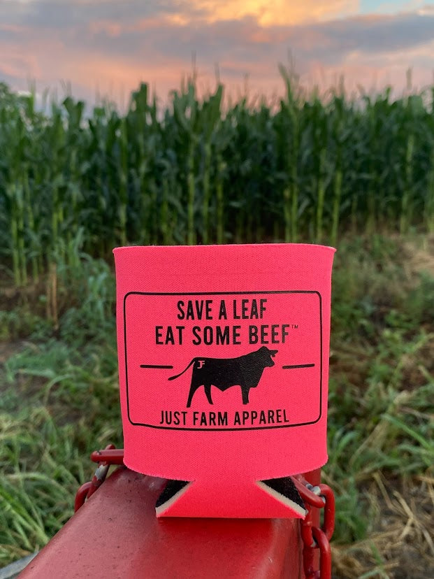 Hot Pink Save A Leaf Eat Some Beef Koozie